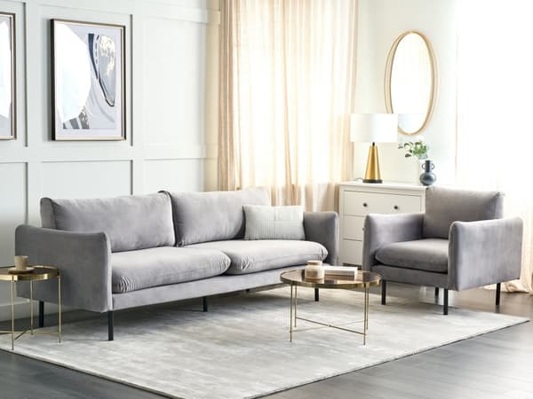 Stuesett Grått fløyelsstoff med svarte ben Hjørnesofa 3-seters lenestol Moderne retrostil