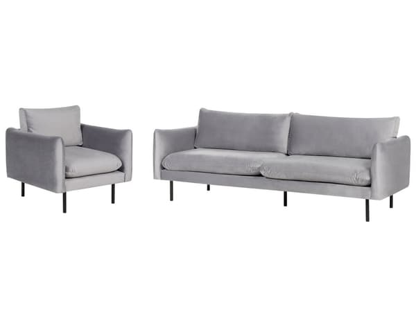 Stuesett Grått fløyelsstoff med svarte ben Hjørnesofa 3-seters lenestol Moderne retrostil