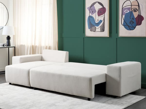 Høyrevendt sofa Lys beige Stoff 3-seter Ekstra pynteputer Oppbevaring Sovefunksjon Moderne design Stue