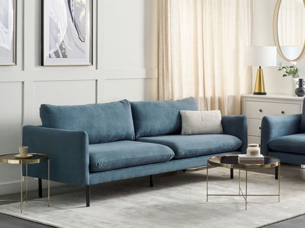 Sohva sininen chenille kangas verhoilu alumiinijalat kolmelle pehmusteet moderni retro tyyli