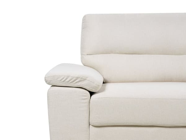 Sohva vaalea beige kangas verhoiltu kolmelle puujalat irrotettavat käsinojat perinteinen tyyli