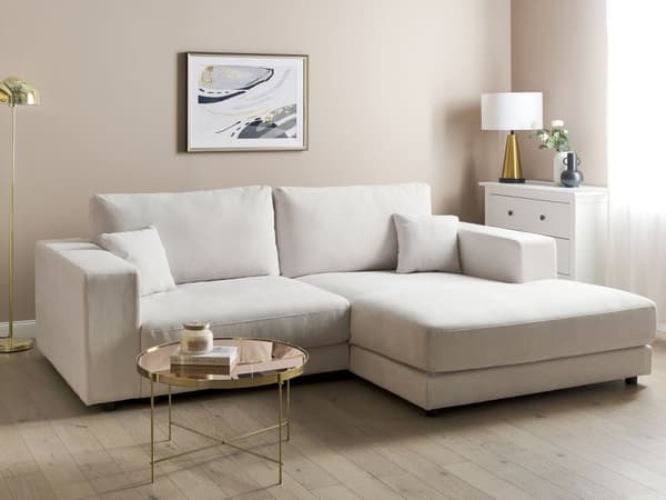 Vänster 3-sits hörnsoffa Vit tygklädd Track Armstöd Extra kuddar Minimalistisk modern stil