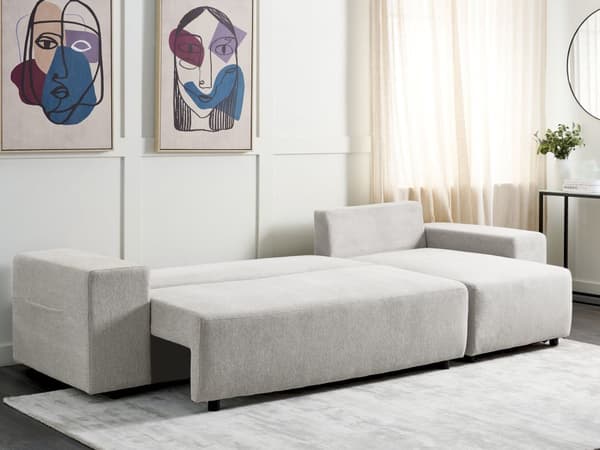 Hjørnesofa lysegrå 3-personers polstret stof venstre opbevaringsplads dekorative puder moderne stil