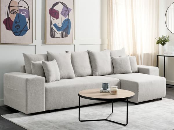 Hjørnesofa lysegrå 3-personers polstret stof venstre opbevaringsplads dekorative puder moderne stil