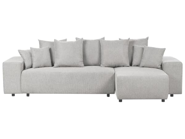 Hjørnesofa lysegrå 3-personers polstret stof venstre opbevaringsplads dekorative puder moderne stil