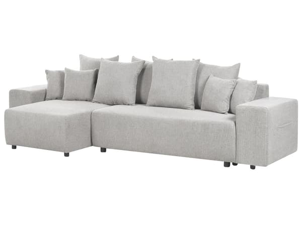Hjørnesofa lysegrå 3-personers polstret stof højre opbevaringsplads dekorative puder moderne stil