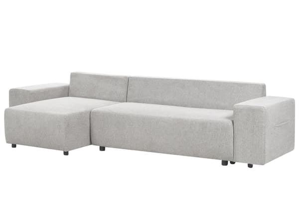 Hjørnesofa lysegrå 3-personers polstret stof højre opbevaringsplads dekorative puder moderne stil