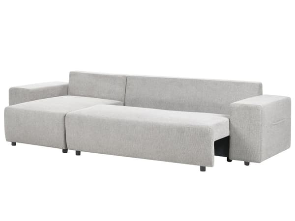 Hjørnesofa lysegrå 3-personers polstret stof højre opbevaringsplads dekorative puder moderne stil