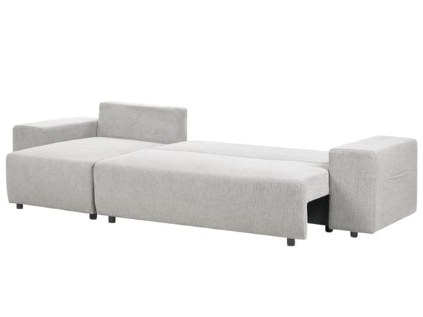 Hjørnesofa lysegrå 3-personers polstret stof højre opbevaringsplads dekorative puder moderne stil