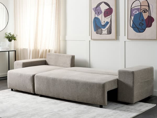 Hjørnesofa brun-grå 3-personers polstret stof venstre opbevaringsplads dekorative hynder moderne stil