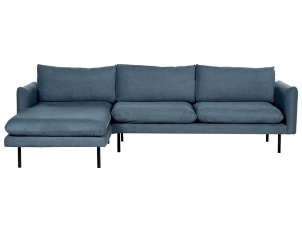 Hjørnesofa i blått stoff med svarte ben Moderne retrostil
