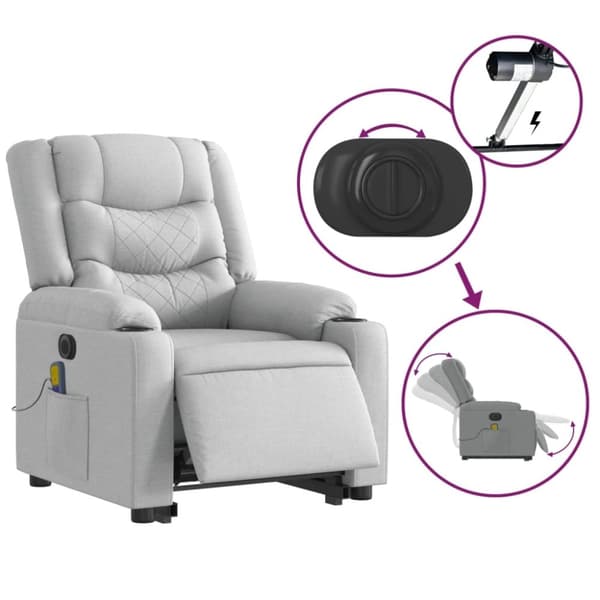 vidaXL Elektrisk massagefåtölj med uppresningshjälp ljusgrå tyg