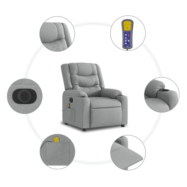vidaXL Elektrisk massagefåtölj med uppresningshjälp ljusgrå tyg