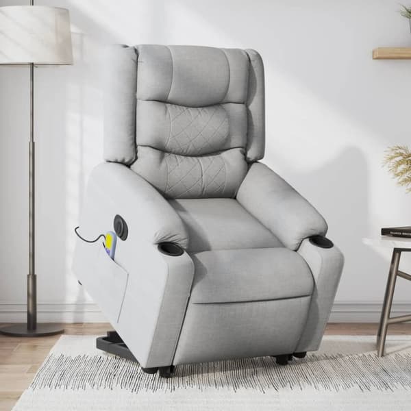 vidaXL Elektrisk massagefåtölj med uppresningshjälp ljusgrå tyg