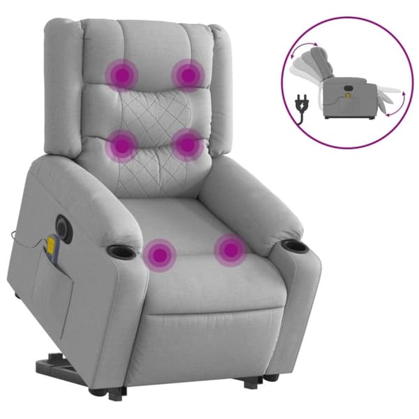 vidaXL Elektrisk massagefåtölj med uppresningshjälp ljusgrå tyg