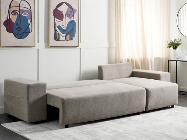 Sovesofa med Chaiselong Taupe 3 Personers Sofa L Formet Dyb Sofaseng Siddemøbel Blød Stofsofa Design Hjørnesovesofa med Opbevaring