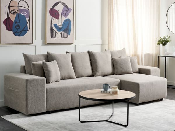 Sovesofa med Chaiselong Taupe 3 Personers Sofa L Formet Dyb Sofaseng Siddemøbel Blød Stofsofa Design Hjørnesovesofa med Opbevaring