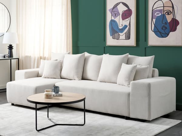 Sovesofa med Chaiselong Beige 3 Personers Sofa L Formet Dyb Sofaseng Siddemøbel Blød Stofsofa Design Hjørnesovesofa med Opbevaring