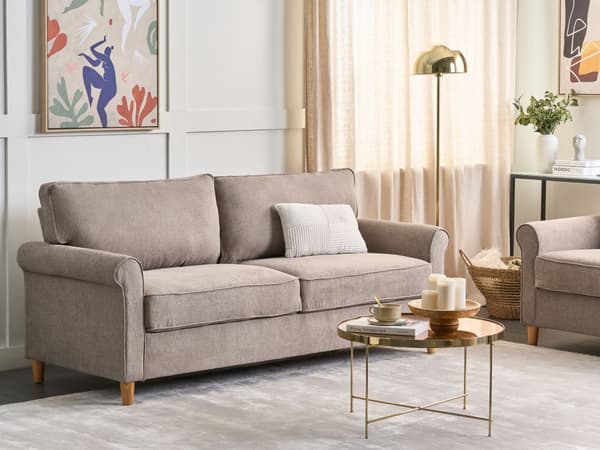 3-seters sofa lysebrun stoff med treramme og sittepute Stue