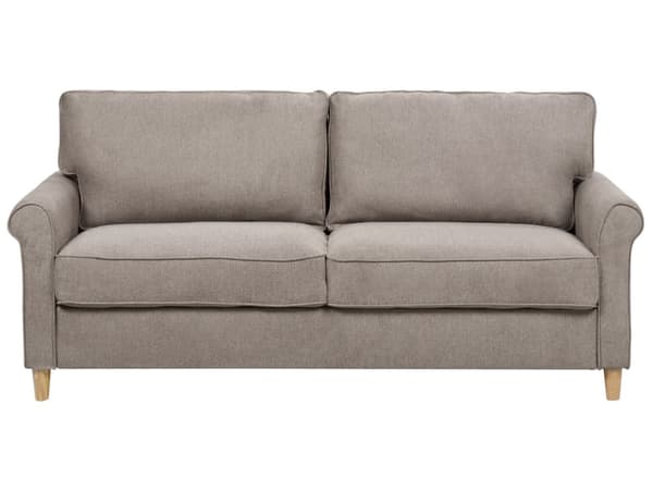 3-seters sofa lysebrun stoff med treramme og sittepute Stue