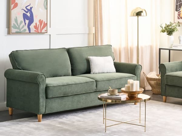 3-seters sofa Mørkegrønn kordfløyel stoff Treramme lommefjærer Stue Ribbet 2-seter