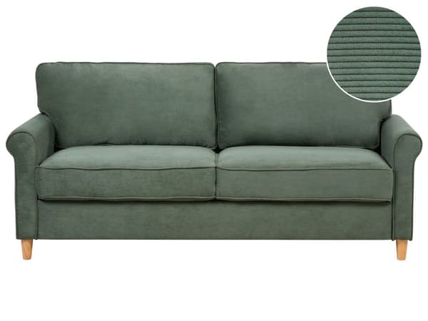 3-seters sofa Mørkegrønn kordfløyel stoff Treramme lommefjærer Stue Ribbet 2-seter