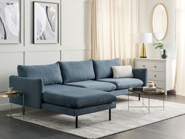 Hjørnesofa med Chaiselong Blå Chenille Velour 4 Personers Sofa L Formet Dyb Sofahjørne Siddemøbel Blød Stofsofa Højrevendt