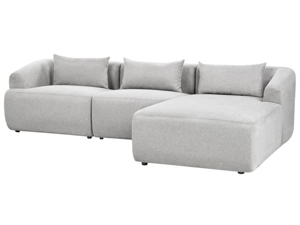 Venstrehånds 3-seters hjørnesofa Grå stoffpolstring Skinnearmlener Ekstra puter Minimalistisk moderne stil