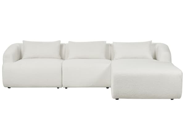 Venstrehånds 3-seters hjørnesofa Hvit bouclepolstring Skinnearmlener Ekstra puter Minimalistisk moderne stil
