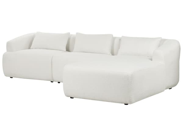 Venstrehånds 3-seters hjørnesofa Hvit bouclepolstring Skinnearmlener Ekstra puter Minimalistisk moderne stil