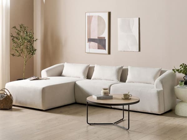 Hjørnesofa med Chaiselong Beige Polyester 3 Personers Sofa L Formet Dyb Sofahjørne Siddemøbel Blød Stofsofa Højrevendt