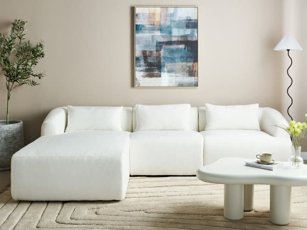 Höger 3-sits hörnsoffa Vit Boucle stoppad Track Armstöd Extra kuddar Minimalistisk modern stil