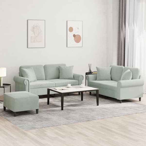 vidaXL sofasæt 3 dele med puder velour lysegrå