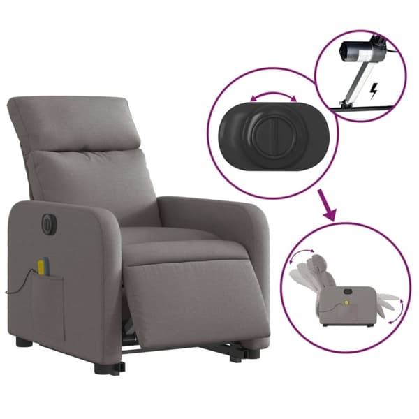vidaXL Elektrisk massagefåtölj med uppresningshjälp taupe tyg