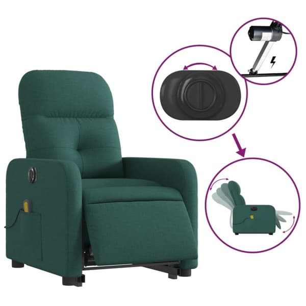 vidaXL Elektrisk massagefåtölj med uppresningshjälp mörkgrön tyg