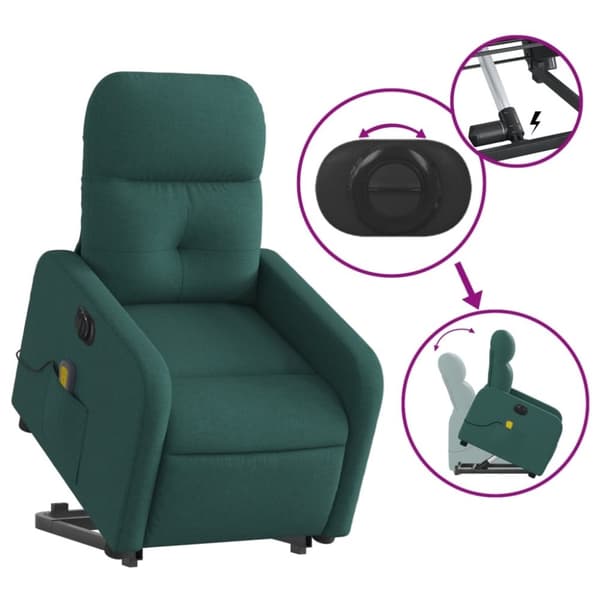 vidaXL Elektrisk massagefåtölj med uppresningshjälp mörkgrön tyg