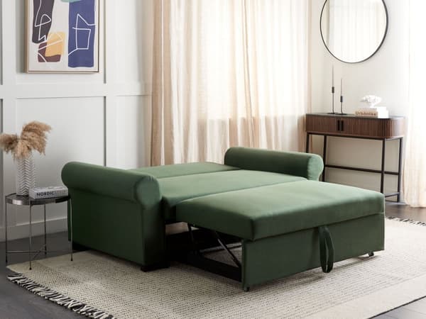 Sovesofa i grønt polyesterstoff med 2 sitteplasser og uttrekkbar sovesofa i retrodesign