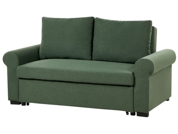 Sovesofa i grønt polyesterstoff med 2 sitteplasser og uttrekkbar sovesofa i retrodesign