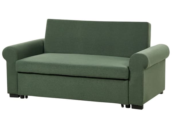 Sovesofa i grønt polyesterstoff med 2 sitteplasser og uttrekkbar sovesofa i retrodesign