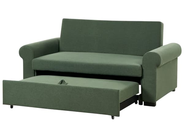 Sovesofa i grønt polyesterstoff med 2 sitteplasser og uttrekkbar sovesofa i retrodesign