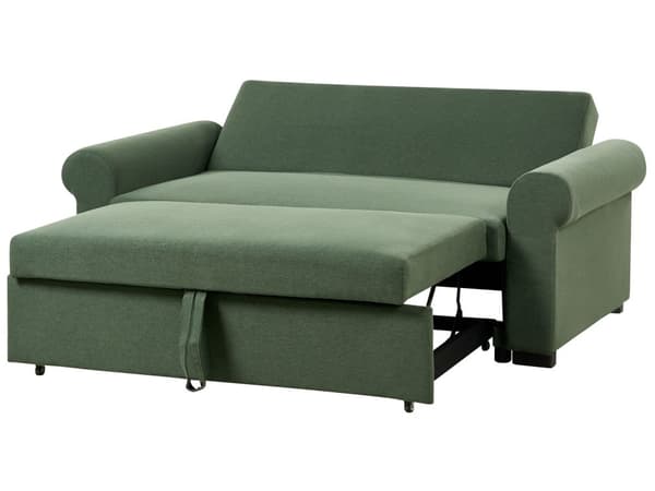 Sovesofa i grønt polyesterstoff med 2 sitteplasser og uttrekkbar sovesofa i retrodesign