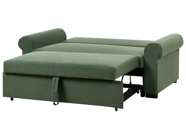 Sovesofa i grønt polyesterstoff med 2 sitteplasser og uttrekkbar sovesofa i retrodesign