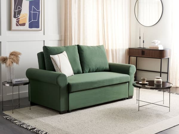 Sovesofa i grønt polyesterstoff med 2 sitteplasser og uttrekkbar sovesofa i retrodesign