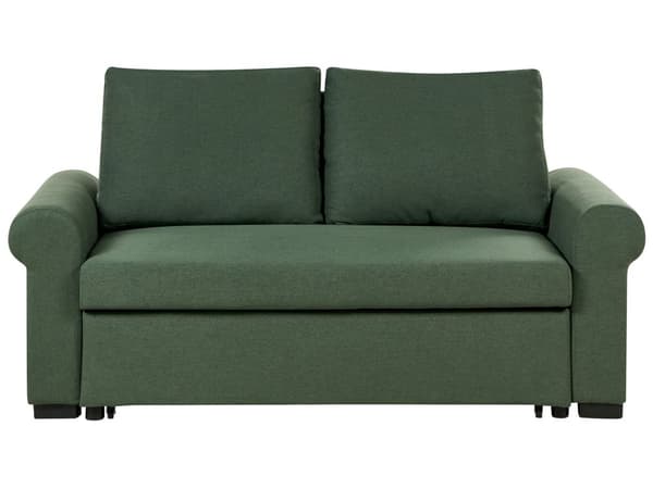 Sovesofa i grønt polyesterstoff med 2 sitteplasser og uttrekkbar sovesofa i retrodesign
