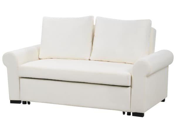 Sovesofa i kremfarget polyesterstoff med 2 sitteplasser og uttrekkbar sovesofa i retrodesign