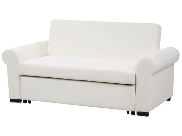 Sovesofa i kremfarget polyesterstoff med 2 sitteplasser og uttrekkbar sovesofa i retrodesign
