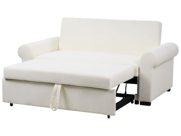 Sovesofa i kremfarget polyesterstoff med 2 sitteplasser og uttrekkbar sovesofa i retrodesign