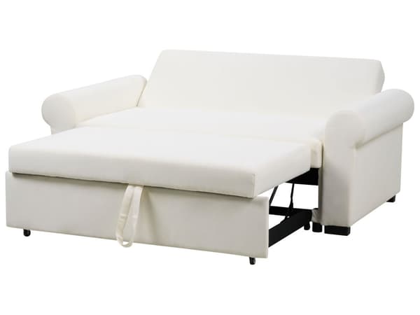 Sovesofa i kremfarget polyesterstoff med 2 sitteplasser og uttrekkbar sovesofa i retrodesign