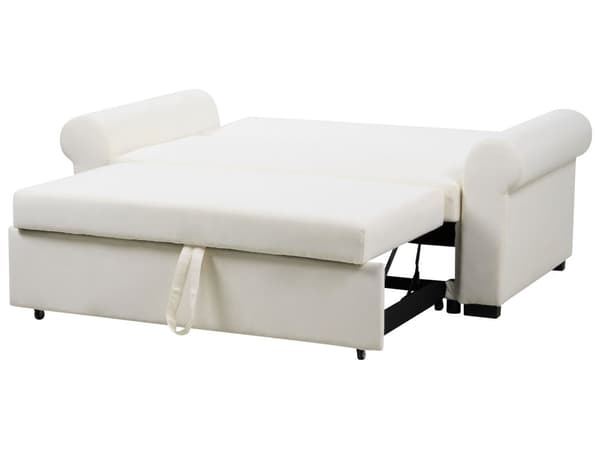 Sovesofa i kremfarget polyesterstoff med 2 sitteplasser og uttrekkbar sovesofa i retrodesign