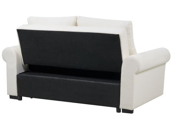 Sovesofa i kremfarget polyesterstoff med 2 sitteplasser og uttrekkbar sovesofa i retrodesign